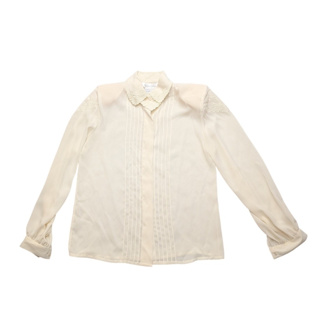 Vintage 80s Susan Hutton Blouse Womens 8 Cream Lace Collar Pintuck Pleated Top